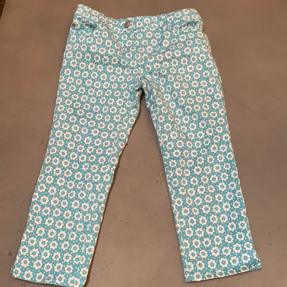 Mini Boden flowered teal denim capris.